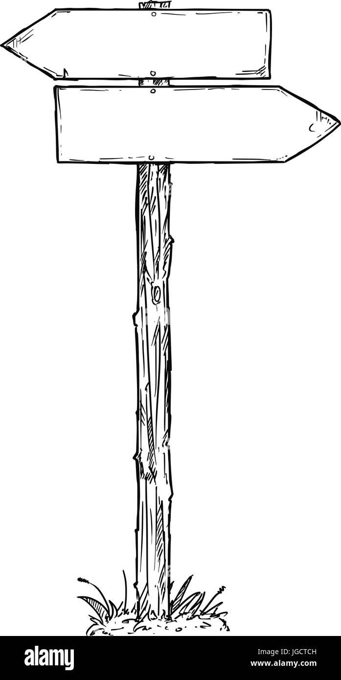 Vektor Cartoon Doodle Hand gezeichnete Kreuzung hölzerne Wegweiser mit zwei Pfeilen nach links und rechts als Entscheidung Reiseführer Stock Vektor