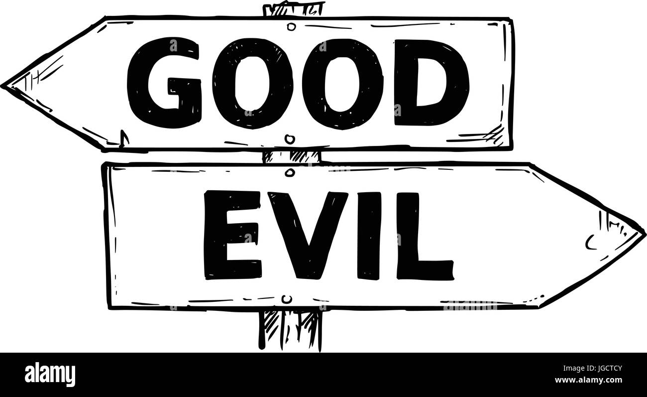 Vector Cartoon doodle handgezeichnete Kreuzung hölzerne Wegweiser mit zwei Pfeilen nach links und rechts als gut oder böse Entscheidung Reiseführer Stock Vektor