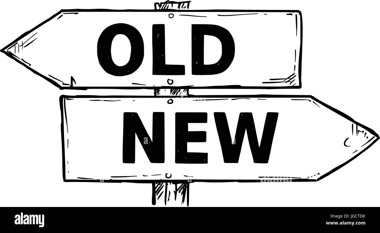 Vector Cartoon doodle handgezeichnete Kreuzung hölzerne Wegweiser mit zwei Pfeilen nach links und rechts als alte oder neue Entscheidung Reiseführer Stock Vektor