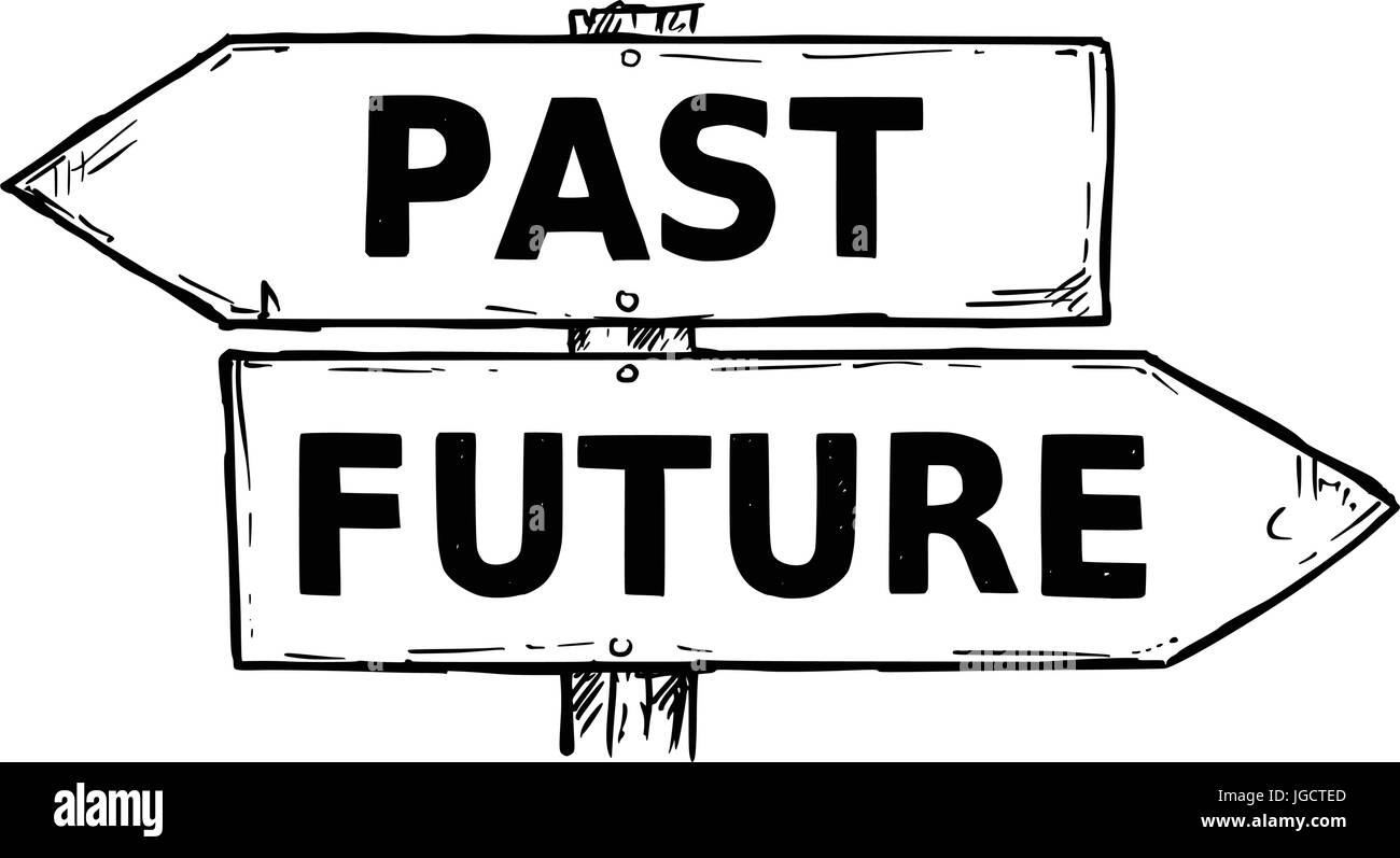 Vector Cartoon doodle handgezeichnete Kreuzung hölzerne Wegweiser mit zwei Pfeilen nach links und rechts als vergangene oder zukünftige Entscheidung Reiseführer Stock Vektor