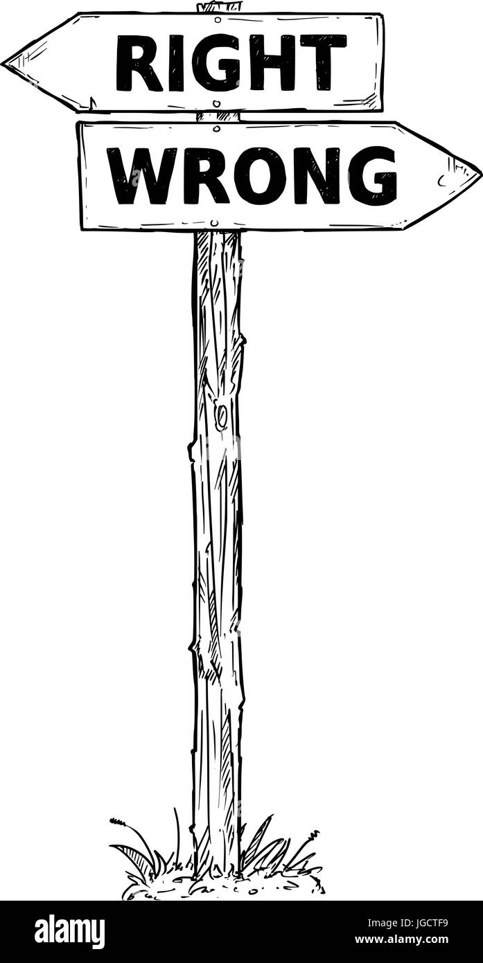 Vector Cartoon doodle handgezeichnete Kreuzung hölzerne Wegweiser mit zwei Pfeilen nach links und rechts als richtige oder falsche Entscheidung Reiseführer Stock Vektor