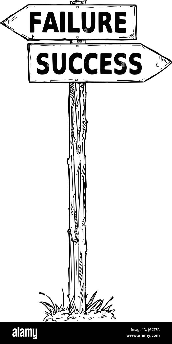 Vector Cartoon doodle handgezeichnete Kreuzung hölzerne Wegweiser mit zwei Pfeilen nach links und rechts als Erfolg oder Misserfolg Entscheidung Reiseführer Stock Vektor