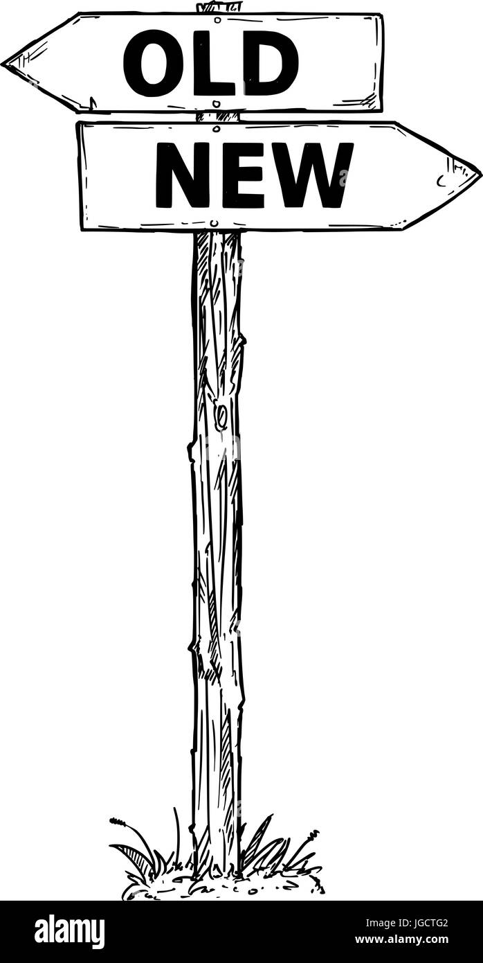 Vector Cartoon doodle handgezeichnete Kreuzung hölzerne Wegweiser mit zwei Pfeilen nach links und rechts als alte oder neue Entscheidung Reiseführer Stock Vektor