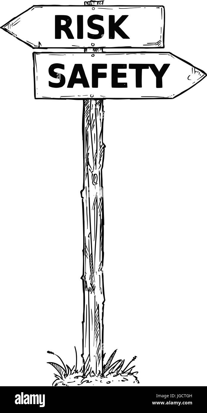 Vector Cartoon doodle handgezeichnete Kreuzung hölzerne Wegweiser mit zwei Pfeilen nach links und rechts als Risiko oder Sicherheit Entscheidung guide Stock Vektor
