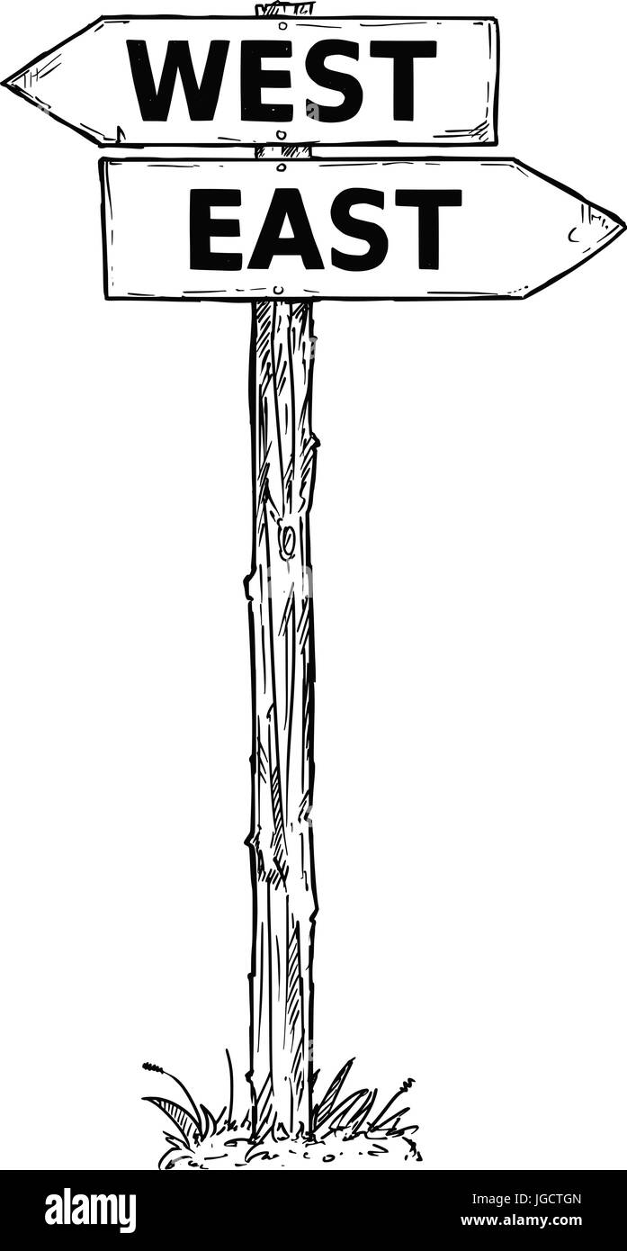 Vector Cartoon doodle handgezeichnete Kreuzung hölzerne Wegweiser mit zwei Pfeilen links und rechts als Westen oder Osten Entscheidung Reiseführer Stock Vektor