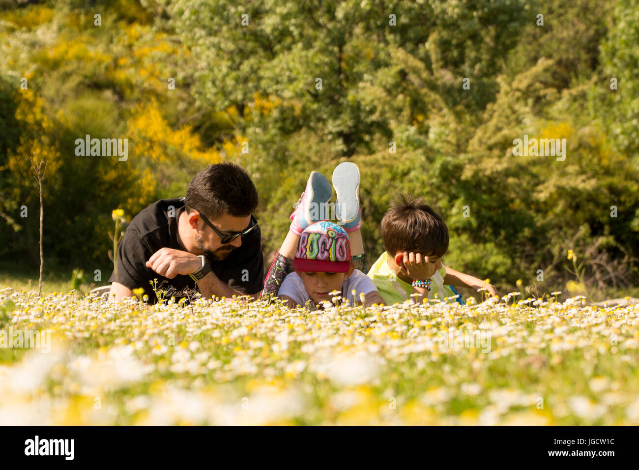 Vater im Park mit zwei Söhnen liegend Stockfoto
