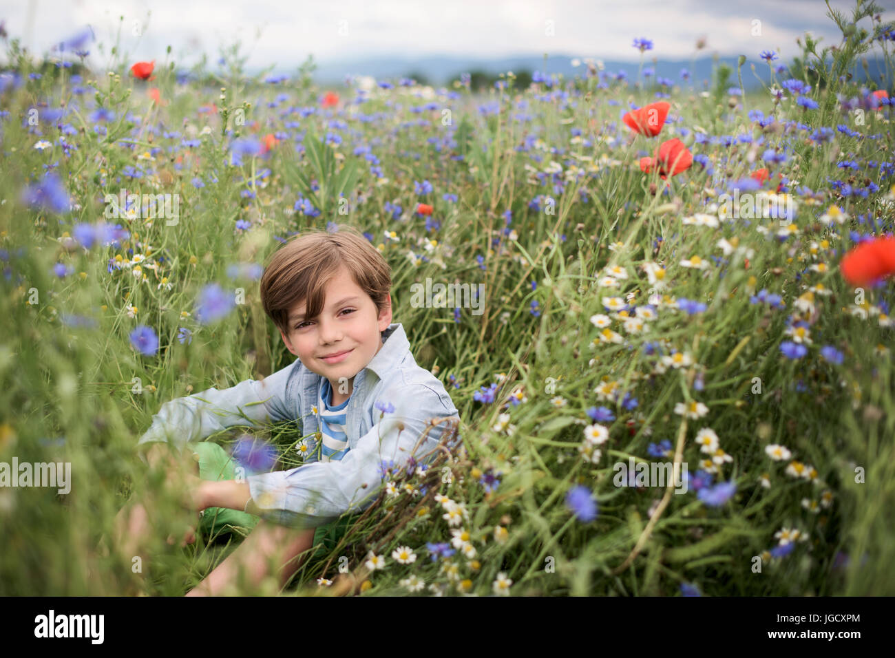 Lächelnde junge sitzt in einem Feld von Wildblumen Stockfoto