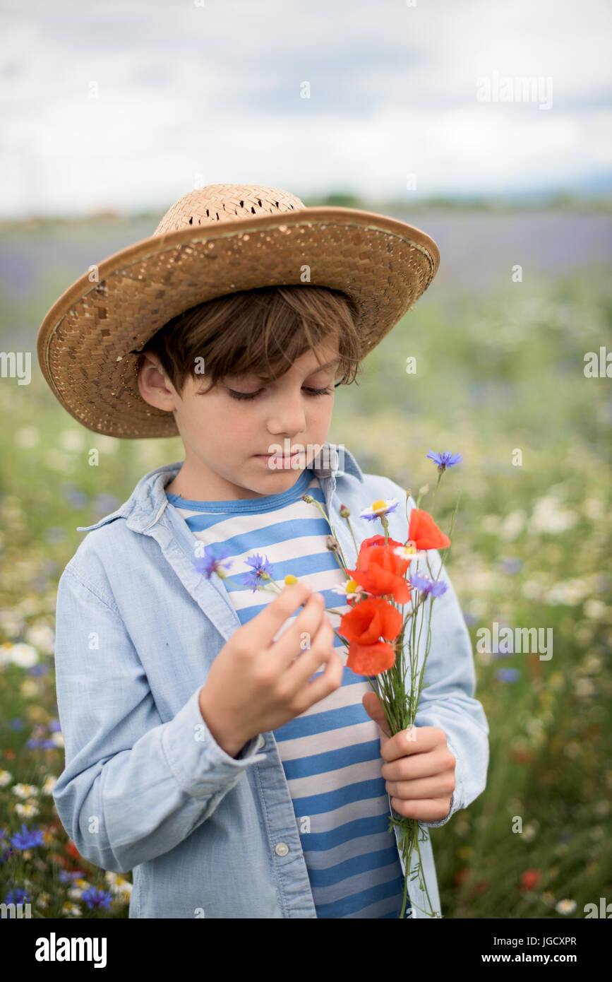 Junge stand in einem Feld von Wildblumen hält einen Blumenstrauß Stockfoto