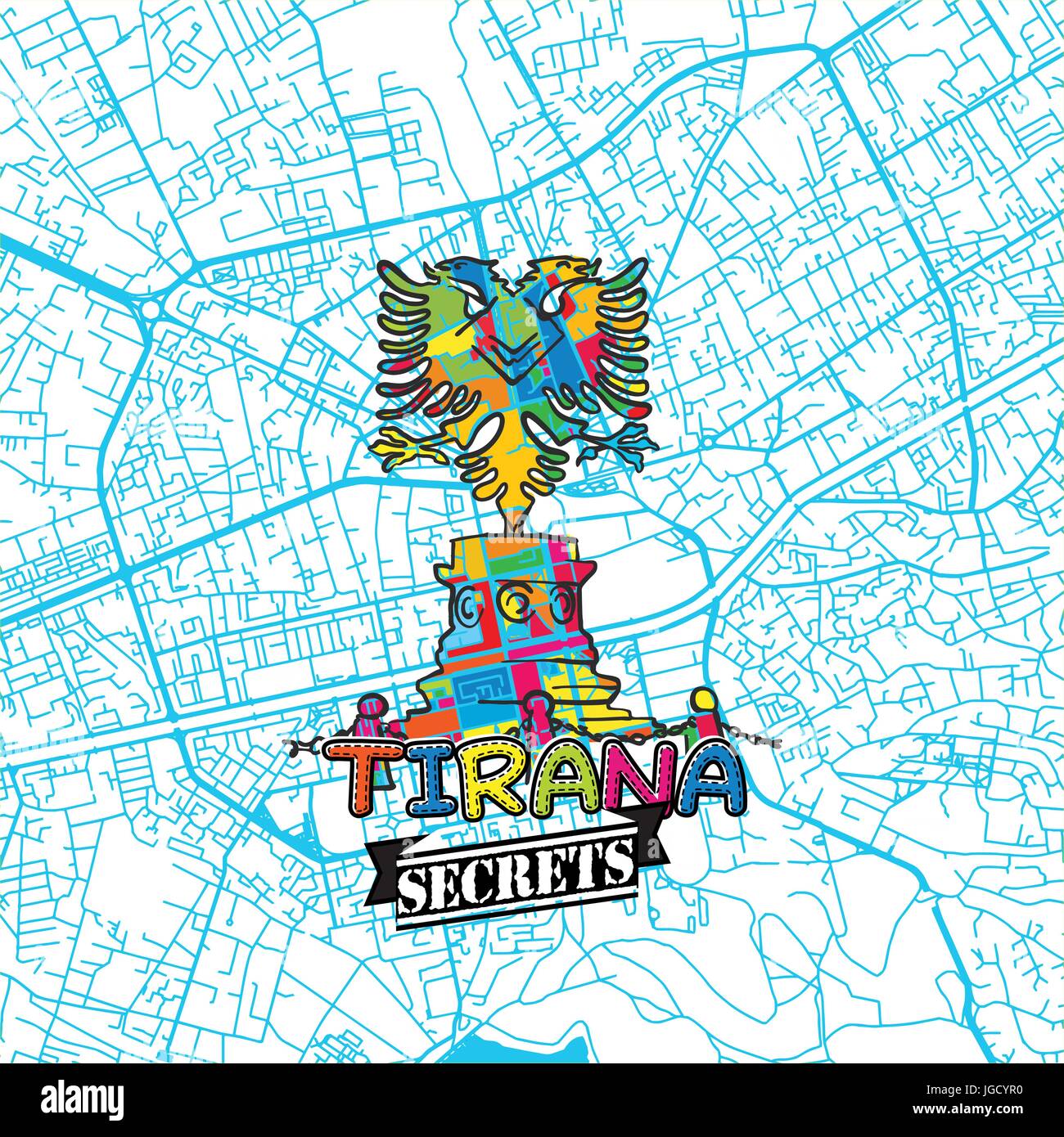 Tirana Reise Geheimnisse Art Map für die Zuordnung von Experten und Reiseführer. Handgemachte Stadt Logo, Typo-Abzeichen und Hand gezeichnete Vektor-Bild an der Spitze sind gruppiert und Stock Vektor