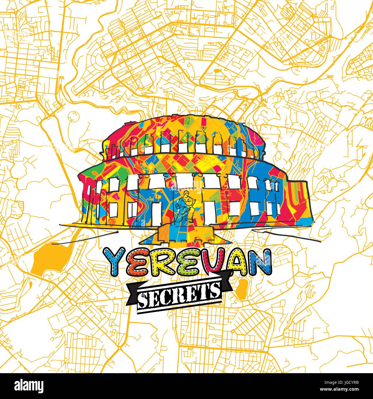 Yerevan Reise Geheimnisse Art Map für die Zuordnung von Experten und Reiseführer. Handgemachte Stadt Logo, Typo-Abzeichen und Hand gezeichnete Vektor-Bild an der Spitze sind gruppiert eine Stock Vektor