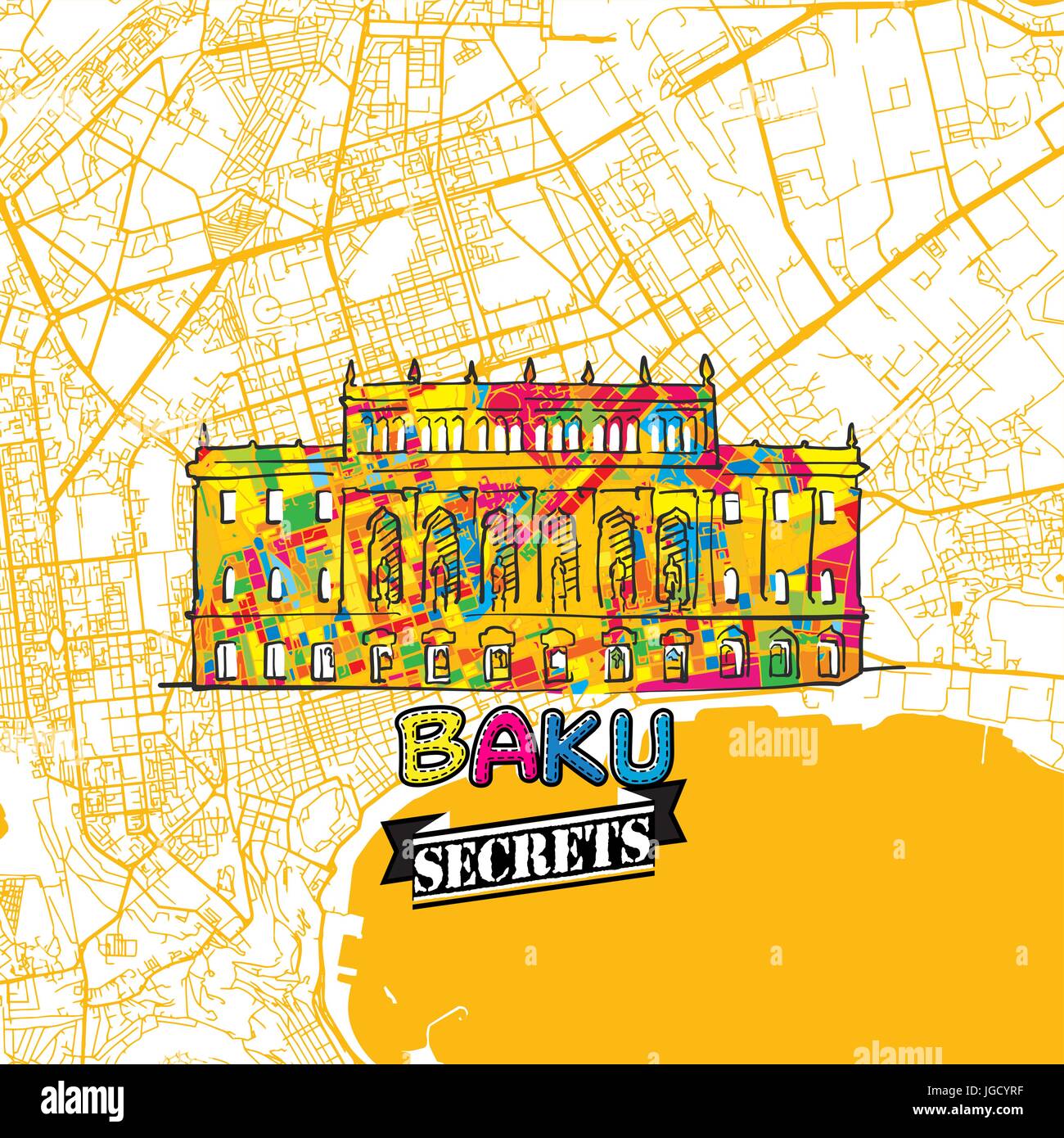 Baku reisen Geheimnisse Art Map für die Zuordnung von Experten und Reiseführer. Handgemachte Stadt Logo, Typo-Abzeichen und Hand gezeichnete Vektorbild auf Top sind gruppiert und m Stock Vektor