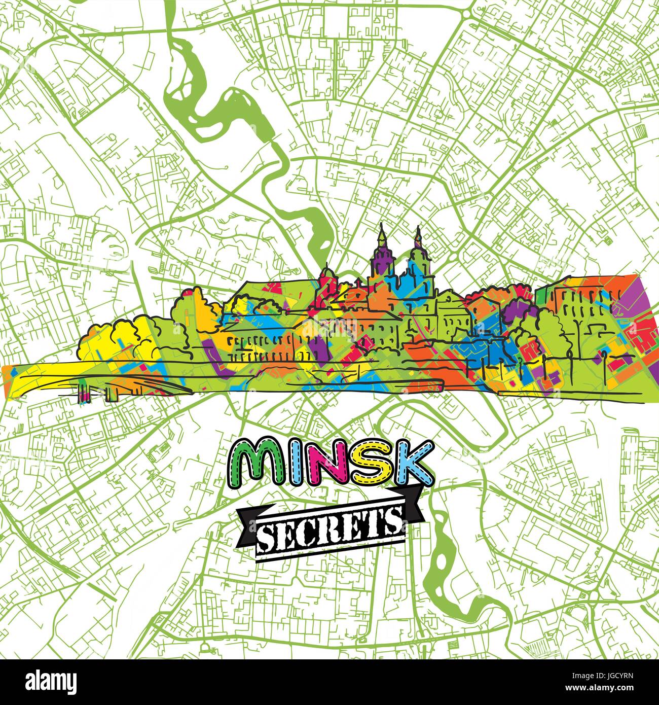 Minsk reisen Geheimnisse Art Map für die Zuordnung von Experten und Reiseführer. Handgemachte Stadt Logo, Typo-Abzeichen und Hand gezeichnete Vektor-Bild an der Spitze sind gruppiert und Stock Vektor