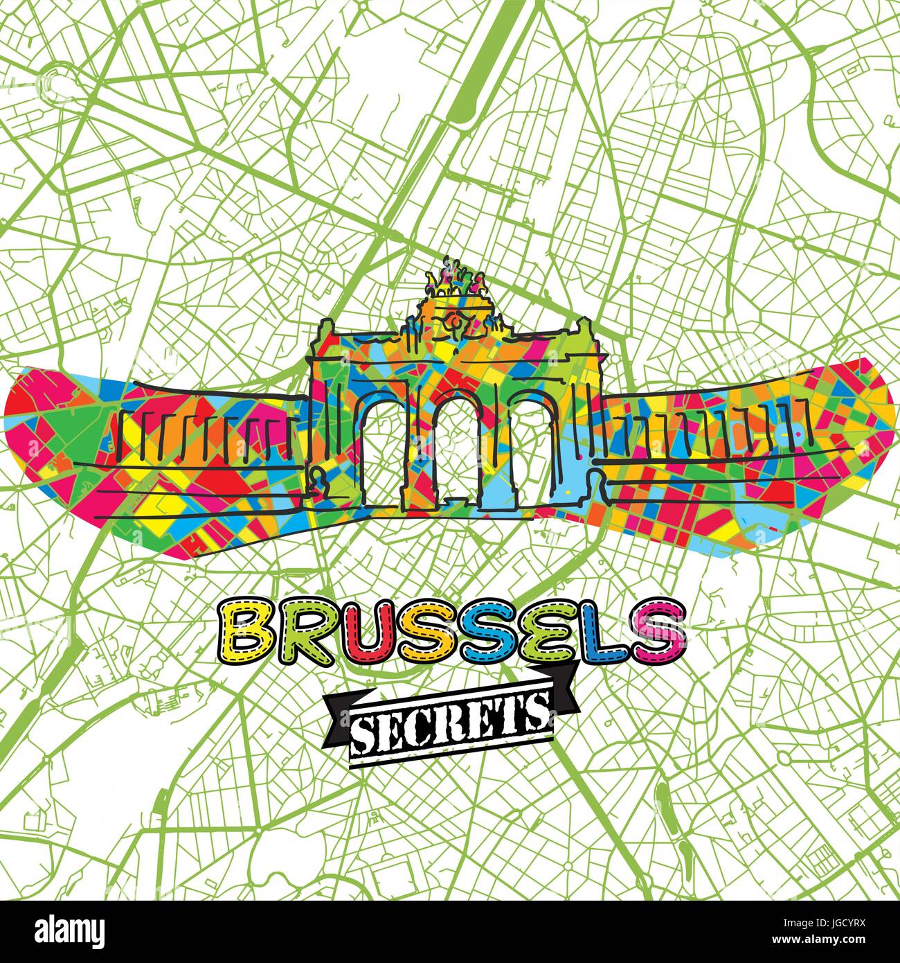 Brüssel Reise Geheimnisse Art Map für die Zuordnung von Experten und Reiseführer. Handgemachte Stadt Logo, Typo-Abzeichen und Hand gezeichnete Vektor-Bild an der Spitze sind gruppiert eine Stock Vektor