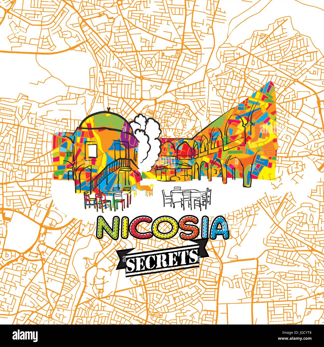 Nikosia Reise Geheimnisse Art Map für die Zuordnung von Experten und Reiseführer. Handgemachte Stadt Logo, Typo-Abzeichen und Hand gezeichnete Vektor-Bild an der Spitze sind gruppiert eine Stock Vektor