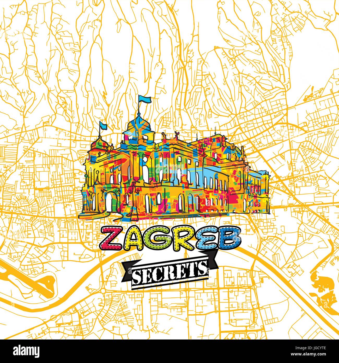 Zagreb Reise Geheimnisse Art Map für die Zuordnung von Experten und Reiseführer. Handgemachte Stadt Logo, Typo-Abzeichen und Hand gezeichnete Vektor-Bild an der Spitze sind gruppiert und Stock Vektor