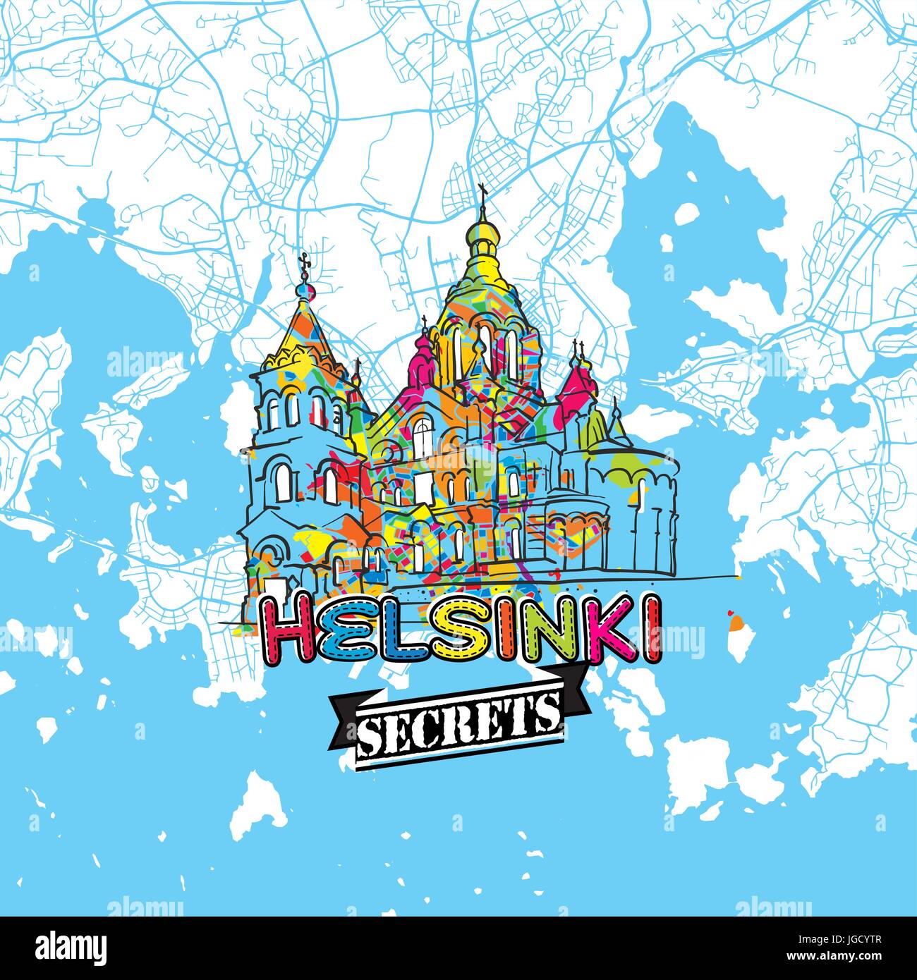 Helsinki Reise Geheimnisse Art Map für die Zuordnung von Experten und Reiseführer. Handgemachte Stadt Logo, Typo-Abzeichen und Hand gezeichnete Vektor-Bild an der Spitze sind gruppiert eine Stock Vektor