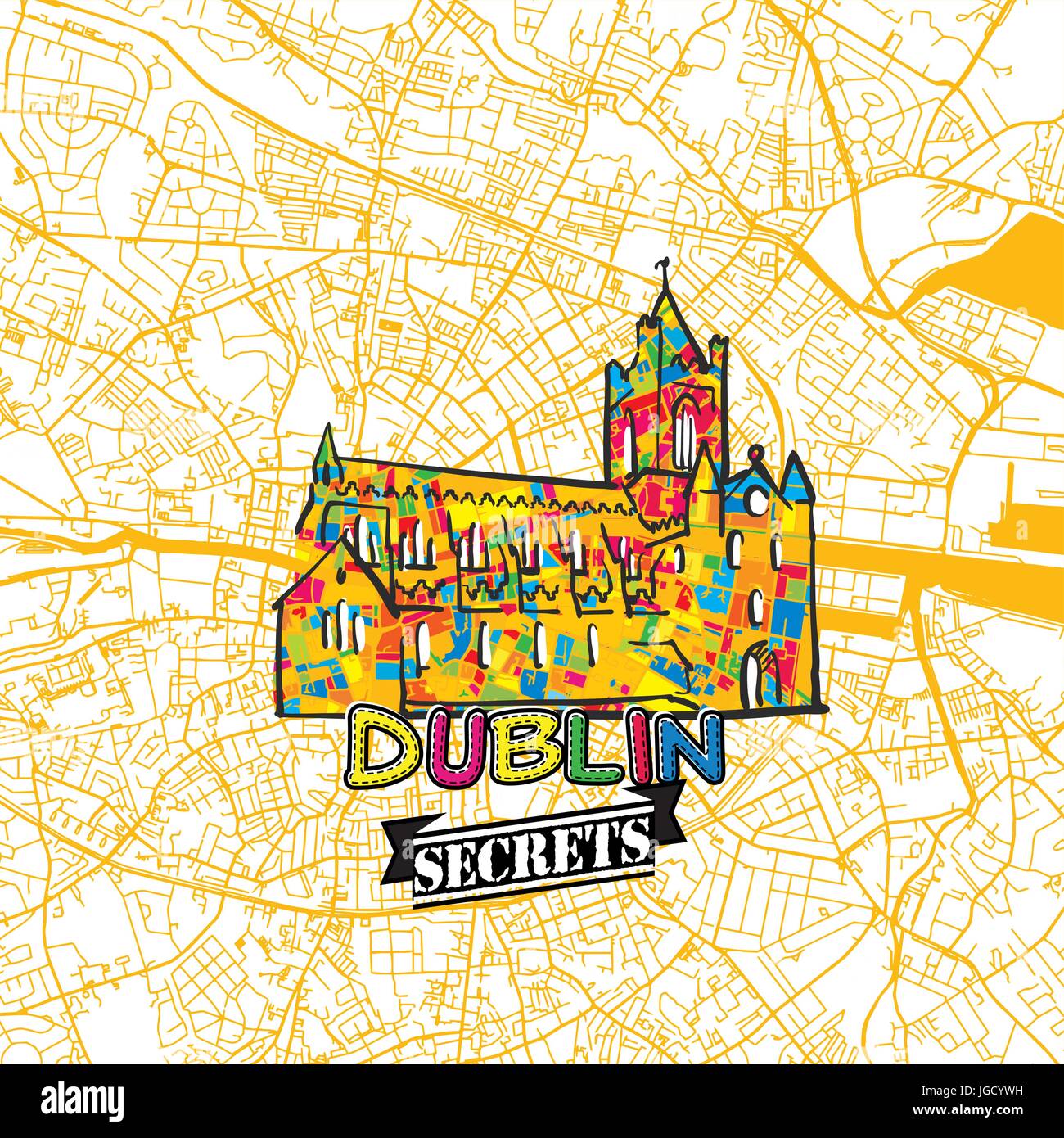 Dublin Reise Geheimnisse Art Map für die Zuordnung von Experten und Reiseführer. Handgemachte Stadt Logo, Typo-Abzeichen und Hand gezeichnete Vektor-Bild an der Spitze sind gruppiert und Stock Vektor