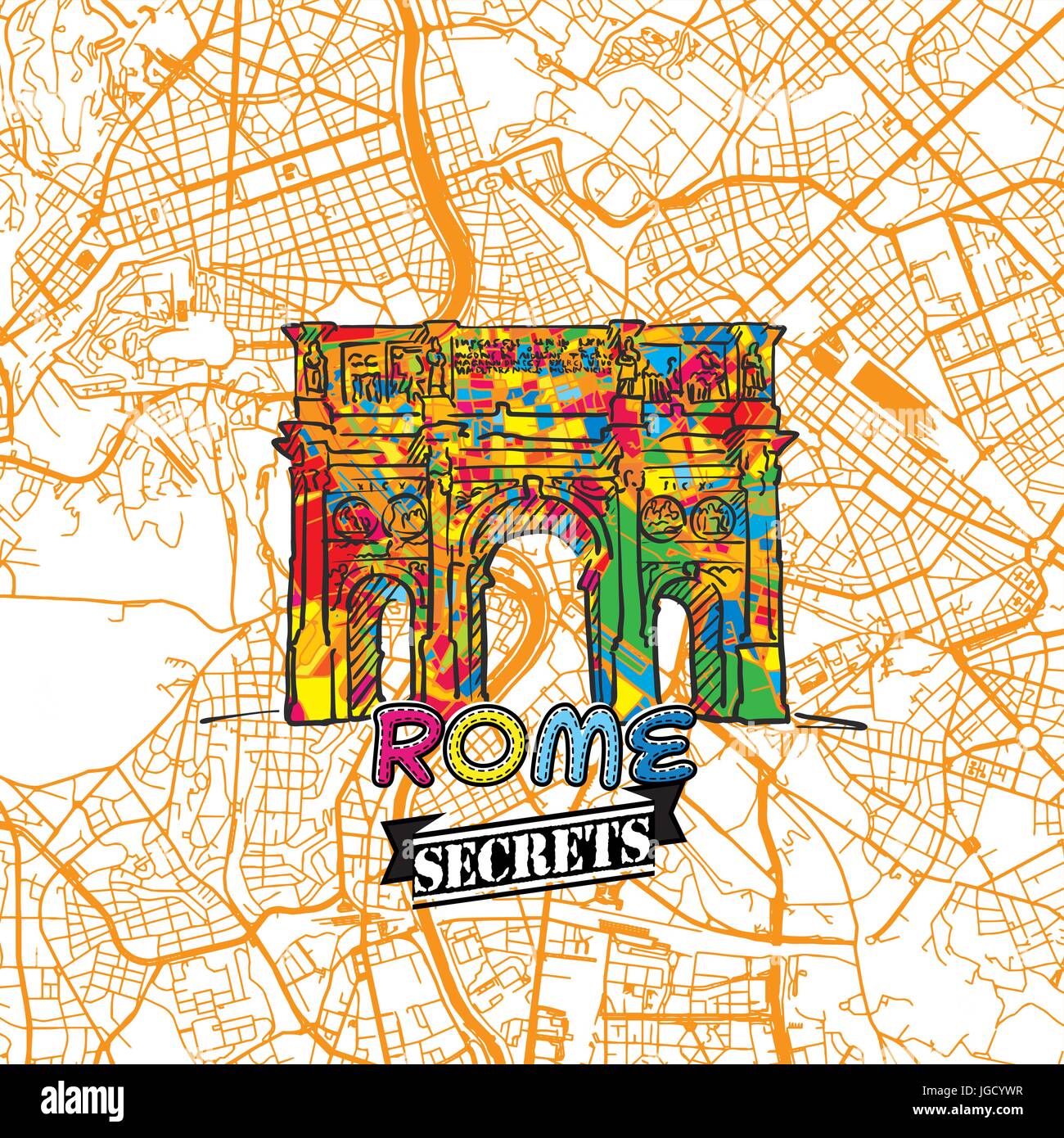 Rom reisen Geheimnisse Art Map für die Zuordnung von Experten und Reiseführer. Handgemachte Stadt Logo, Typo-Abzeichen und Hand gezeichnete Vektorbild auf Top sind gruppiert und m Stock Vektor