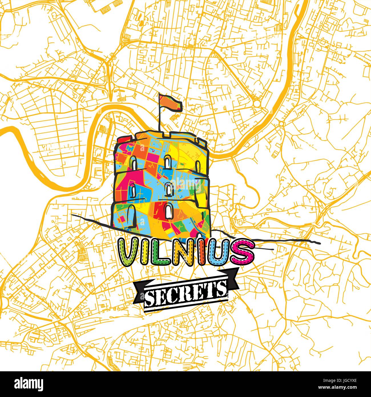 Vilnius Reisen Geheimnisse Art Map für die Zuordnung von Experten und Reiseführer. Handgemachte Stadt Logo, Typo-Abzeichen und Hand gezeichnete Vektor-Bild an der Spitze sind gruppiert eine Stock Vektor