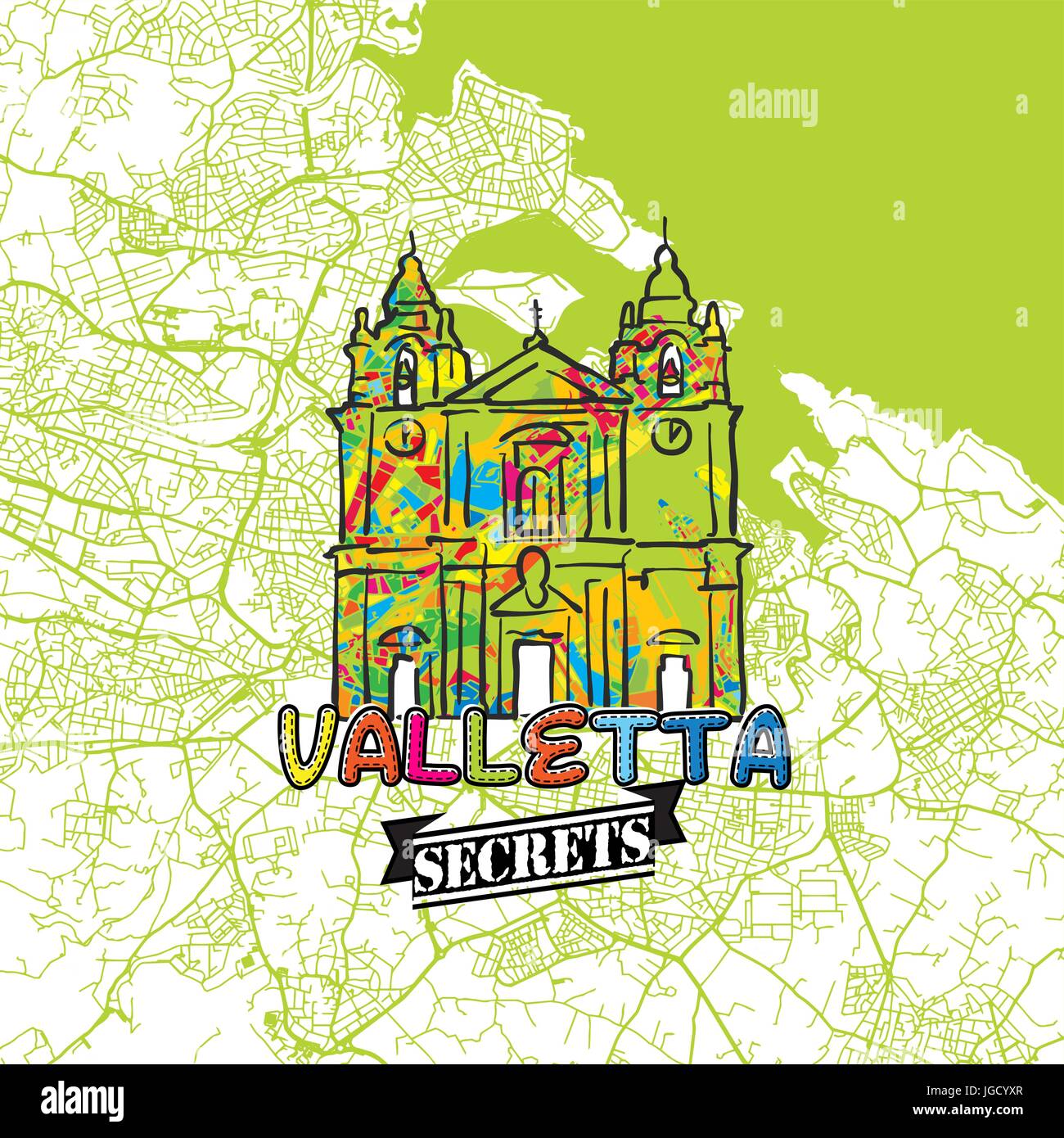 Valletta reisen Geheimnisse Art Map für die Zuordnung von Experten und Reiseführer. Handgemachte Stadt Logo, Typo-Abzeichen und Hand gezeichnete Vektor-Bild an der Spitze sind gruppiert eine Stock Vektor