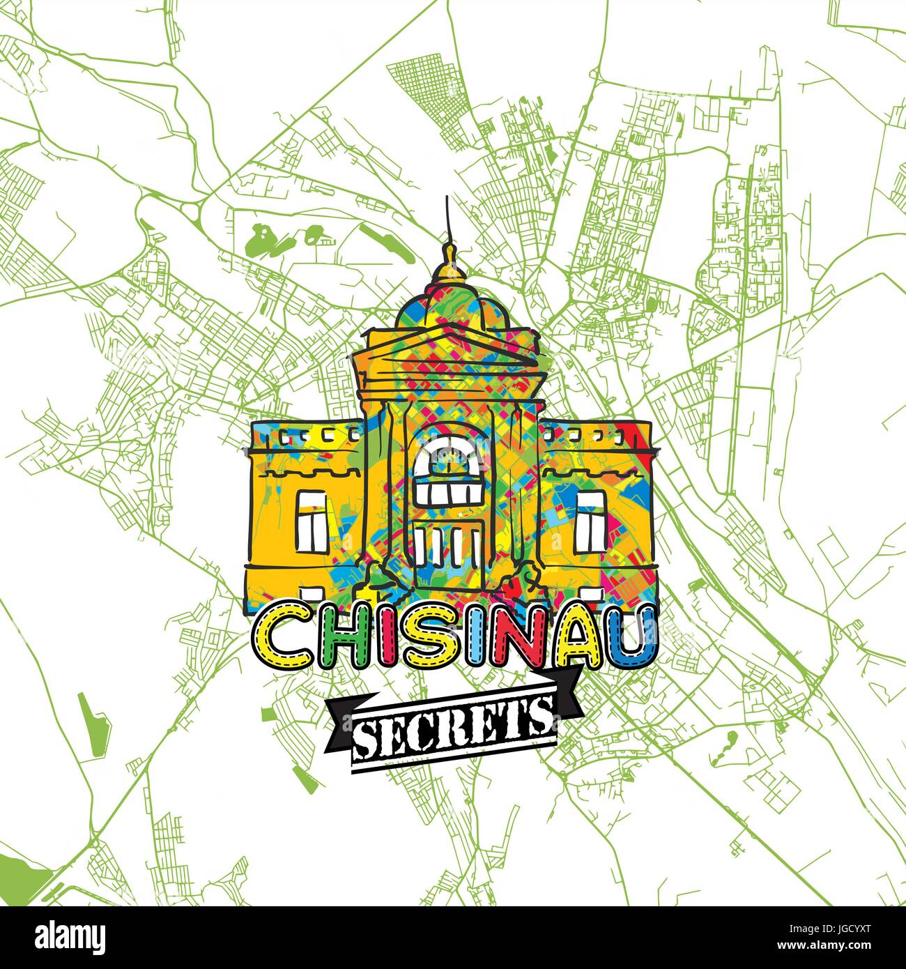 Chisinau Reisen Geheimnisse Art Map für die Zuordnung von Experten und Reiseführer. Handgemachte Stadt Logo, Typo-Abzeichen und Hand gezeichnete Vektor-Bild an der Spitze sind gruppiert eine Stock Vektor