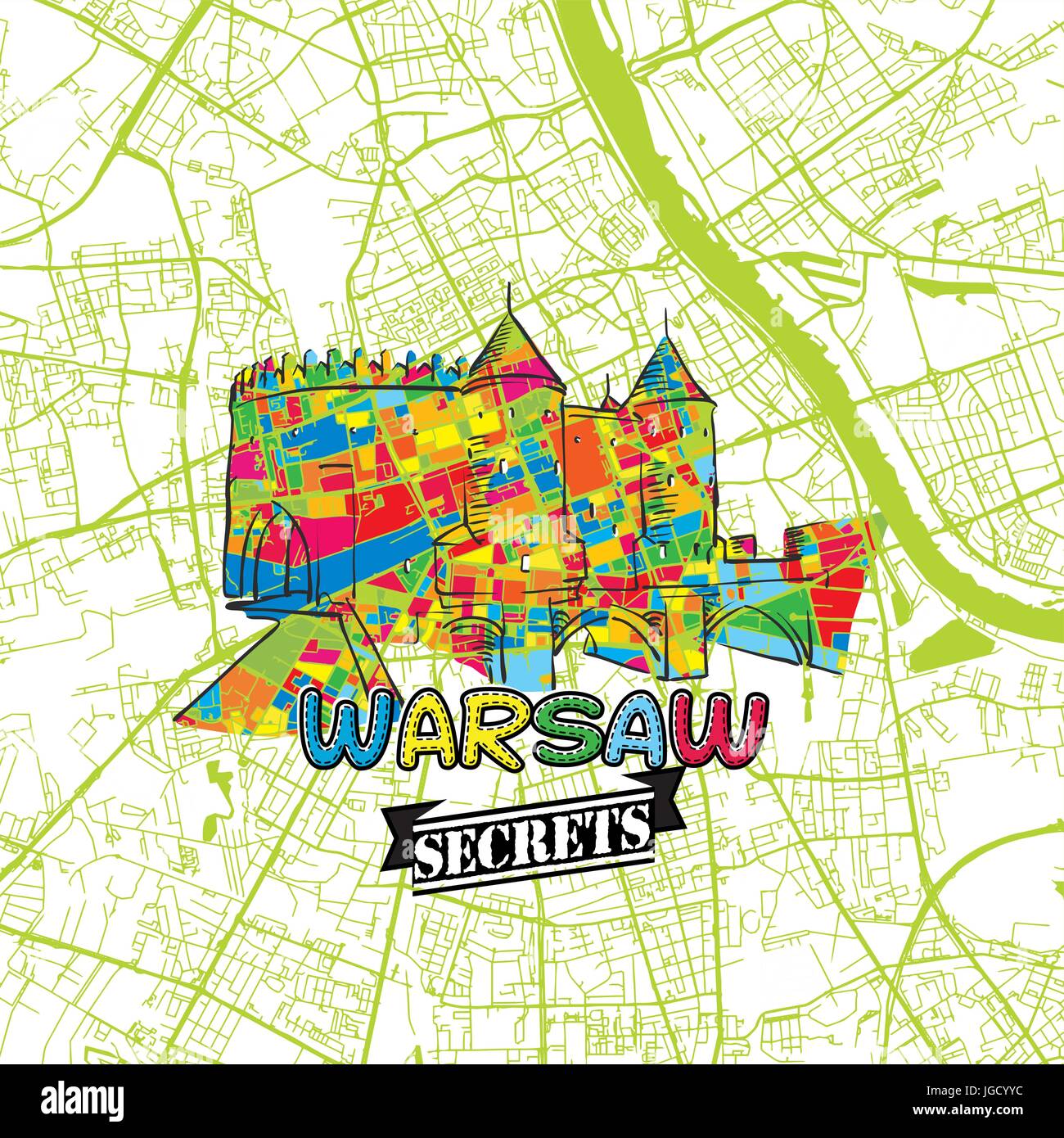 Warschau Reisen Geheimnisse Art Map für die Zuordnung von Experten und Reiseführer. Handgemachte Stadt Logo, Typo-Abzeichen und Hand gezeichnete Vektor-Bild an der Spitze sind gruppiert und Stock Vektor