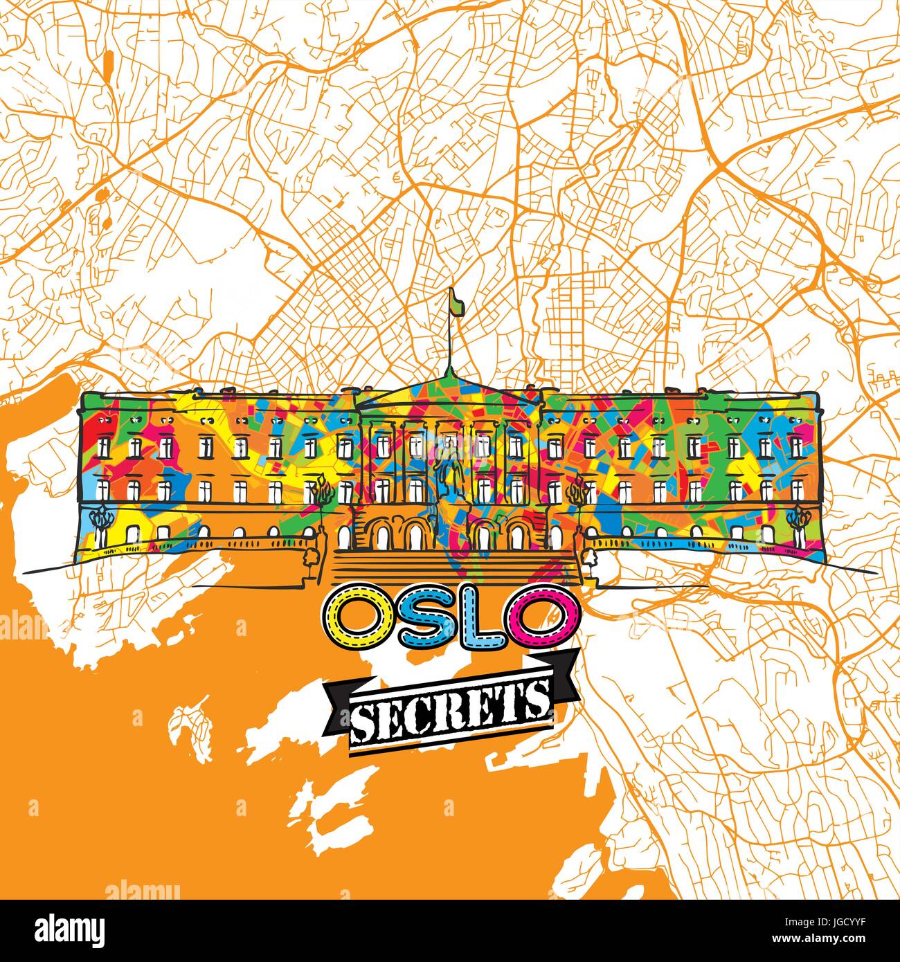 Oslo Reisen Geheimnisse Kunst-Karte für die Zuordnung von Experten und Reiseführer. Handgemachte Stadt Logo, Typo-Abzeichen und Hand gezeichnete Vektorbild auf Top sind gruppiert und m Stock Vektor