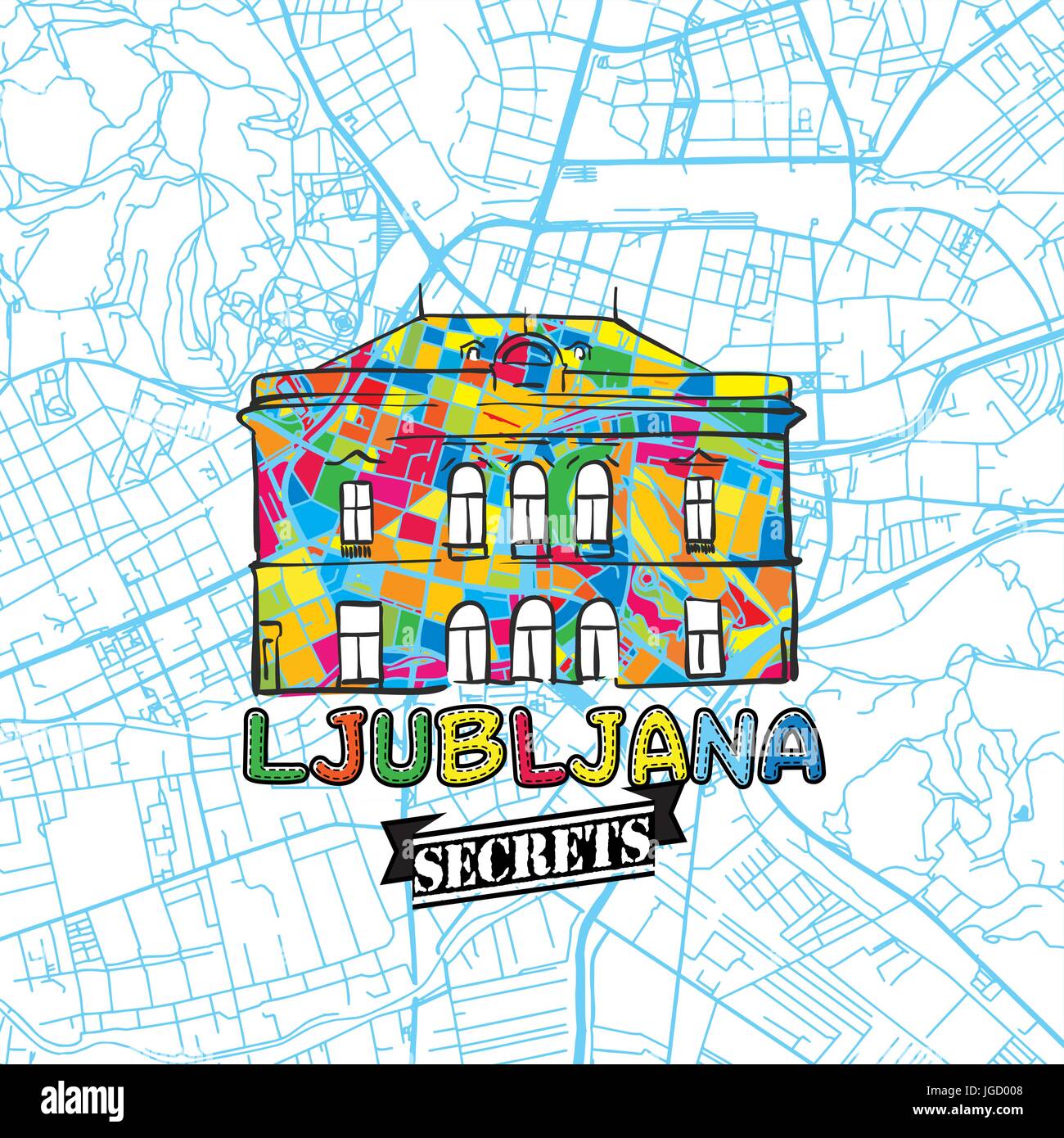 Ljubljana Reisen Geheimnisse Art Map für die Zuordnung von Experten und Reiseführer. Handgemachte Stadt Logo, Typo-Abzeichen und Hand gezeichnete Vektorbild auf Top sind gruppiert Stock Vektor