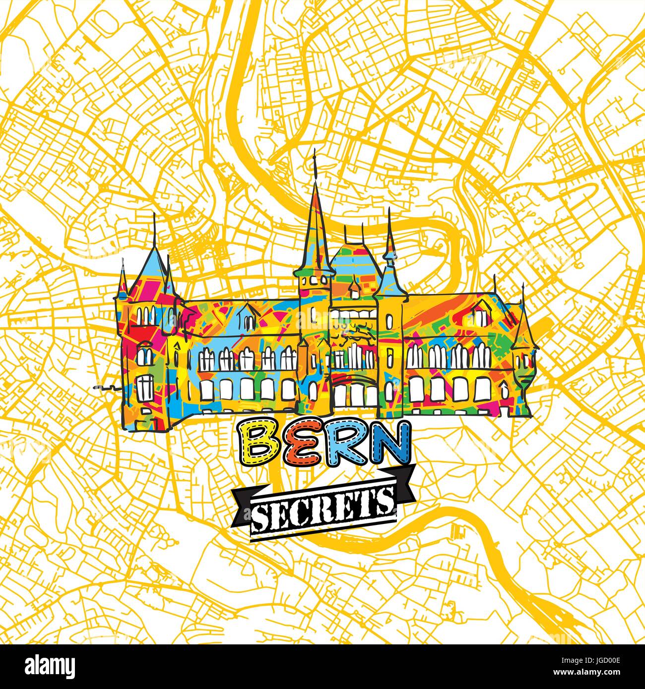 Bern Reisen Geheimnisse Art Map für die Zuordnung von Experten und Reiseführer. Handgemachte Stadt Logo, Typo-Abzeichen und Hand gezeichnete Vektorbild auf Top sind gruppiert und m Stock Vektor