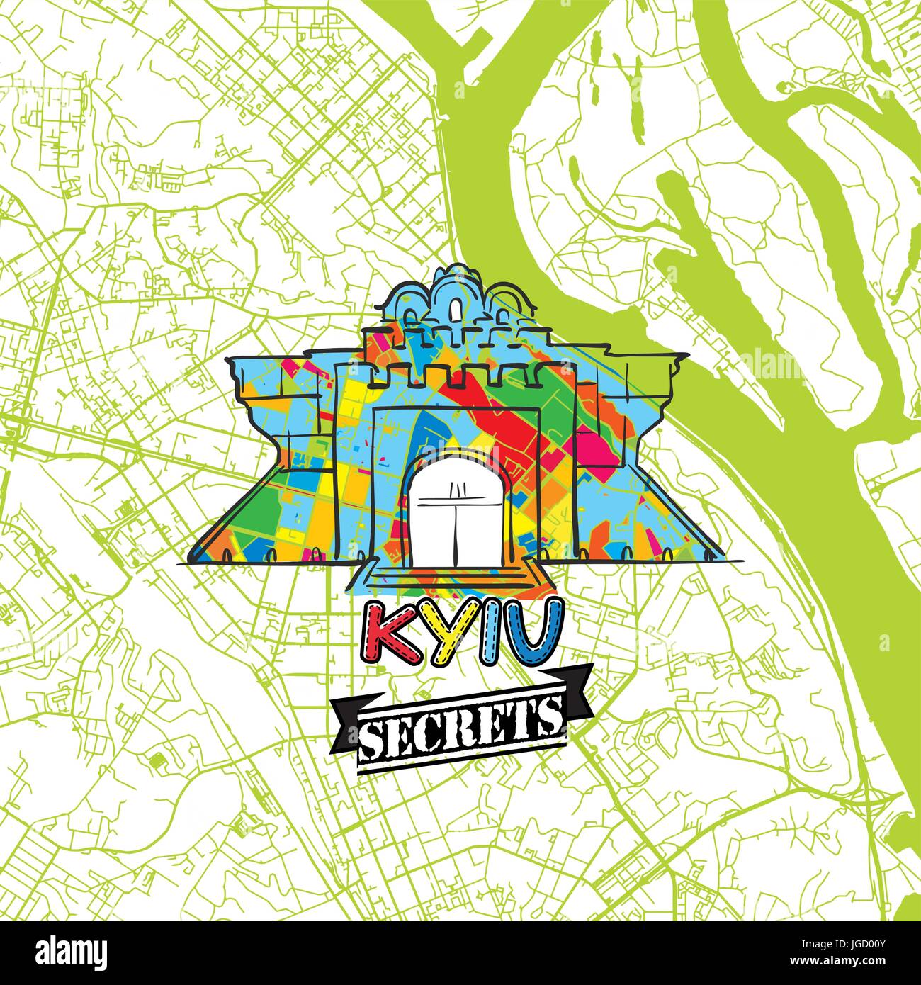 Kiew Reisen Geheimnisse Art Map für die Zuordnung von Experten und Reiseführer. Handgemachte Stadt Logo, Typo-Abzeichen und Hand gezeichnete Vektorbild auf Top sind gruppiert und m Stock Vektor