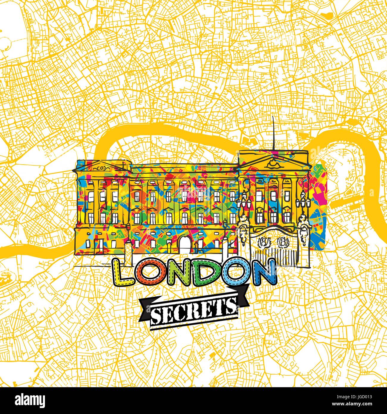 London reisen Geheimnisse Art Map für die Zuordnung von Experten und Reiseführer. Handgemachte Stadt Logo, Typo-Abzeichen und Hand gezeichnete Vektor-Bild an der Spitze sind gruppiert und Stock Vektor