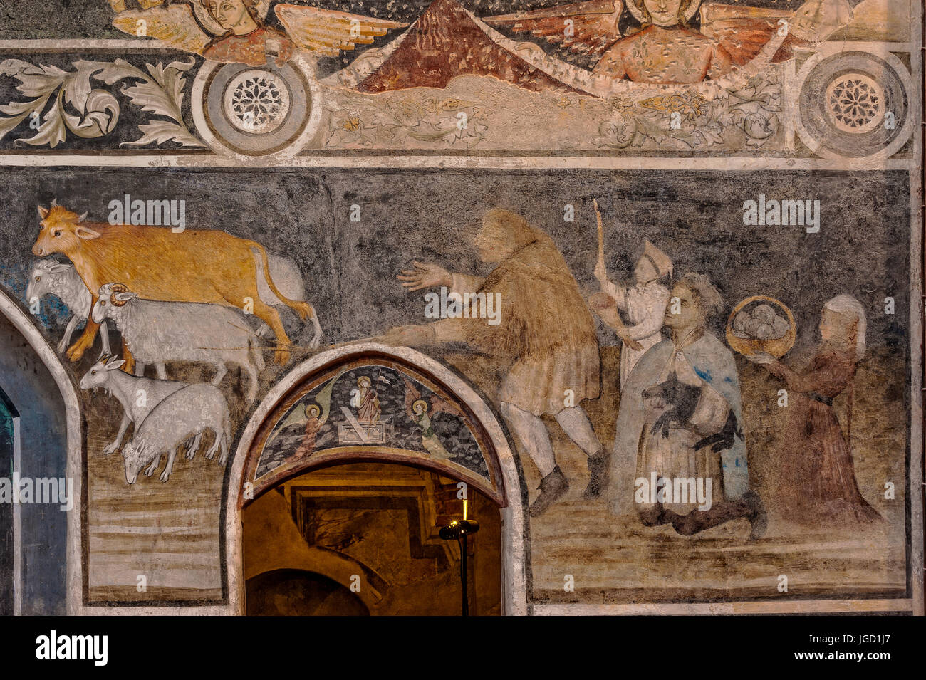 Italien Piemont Buttigliera Alta Sant'Antonio di Ranverso Precettoria-die Fresken der südlichen Mauer von Jaquerio Saint Antonio Stories und die Prozession der Bieter Stockfoto