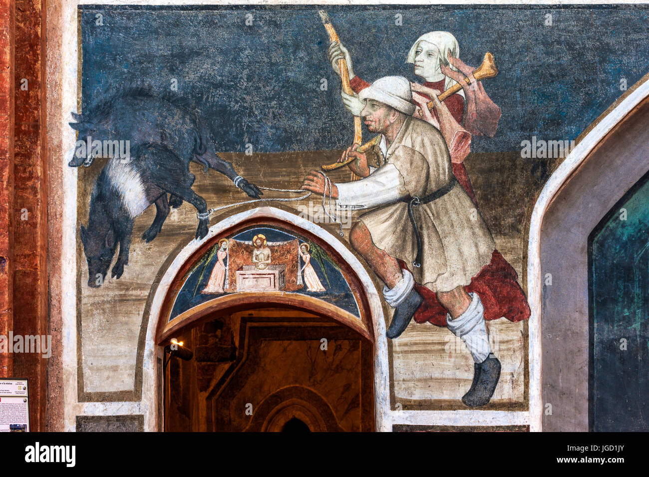 Italien Piemont Buttigliera Alta Sant'Antonio di Ranverso Precettoria-die Fresken der südlichen Mauer von Jaquerio Saint Antonio Stories und die Prozession der Bieter Stockfoto