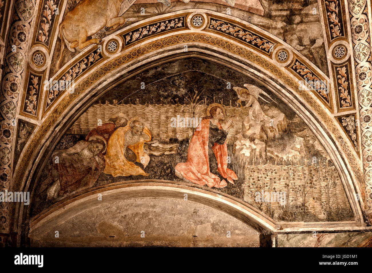 Italien Piemont Buttigliera Alta Sant'Antonio di Ranverso Precettoria - Fresken der Kapelle als Sakristei Gemälde von Jaquerio Verkündigung verwendet Stockfoto