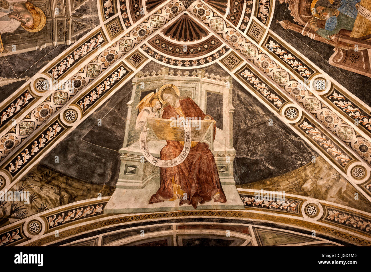 Italien Piemont Buttigliera Alta Sant'Antonio di Ranverso Precettoria-Fresken der Kapelle verwendet, da eine Sakristei Gemälde von Jaquerio die Decke mit die vier Evangelisten dargestellt Stockfoto