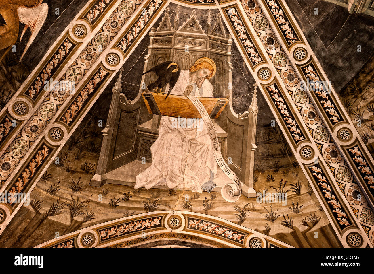 Italien Piemont Buttigliera Alta Sant'Antonio di Ranverso Precettoria-Fresken der Kapelle verwendet, da eine Sakristei Gemälde von Jaquerio die Decke mit die vier Evangelisten dargestellt Stockfoto