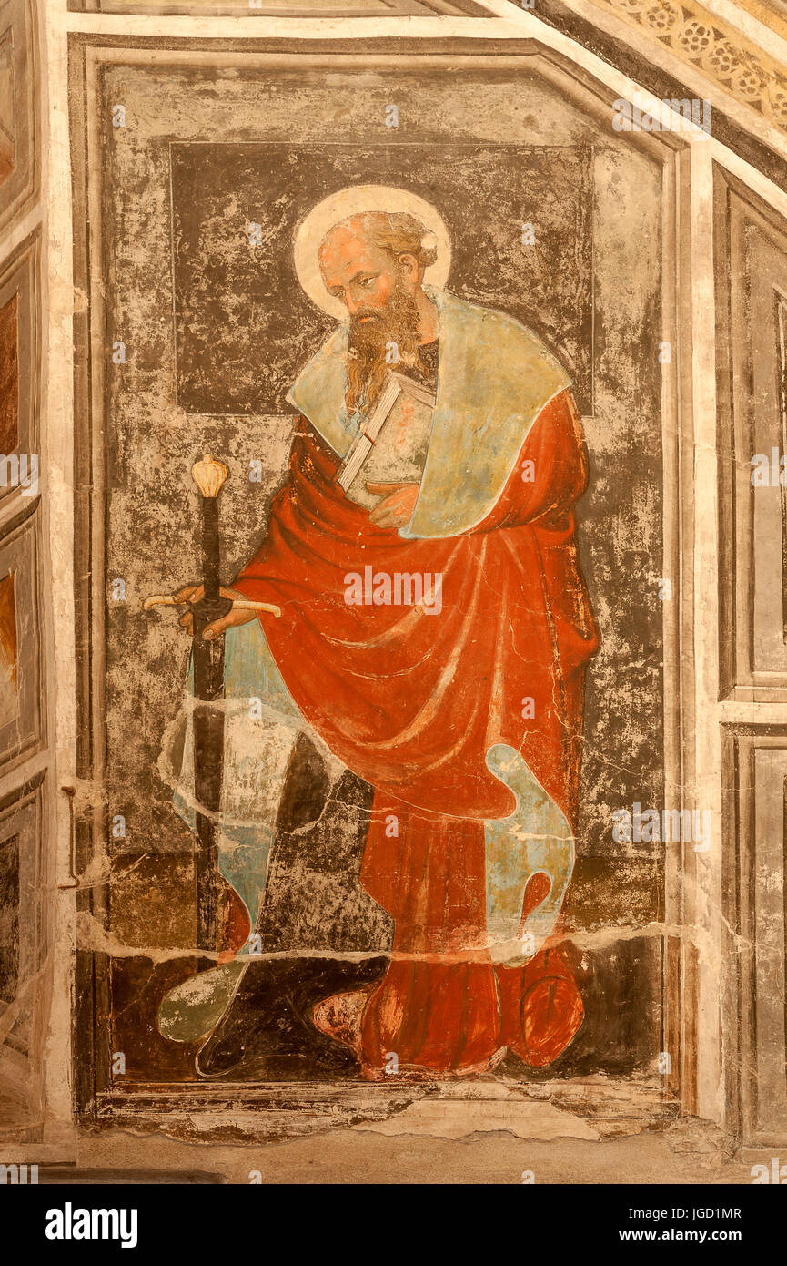 Italien Piemont Buttigliera Alta Sant'Antonio di Ranverso Precettoria-Fresken der Kapelle verwendet als Sakristei Gemälde von Jaquerio Saint Paul Stockfoto