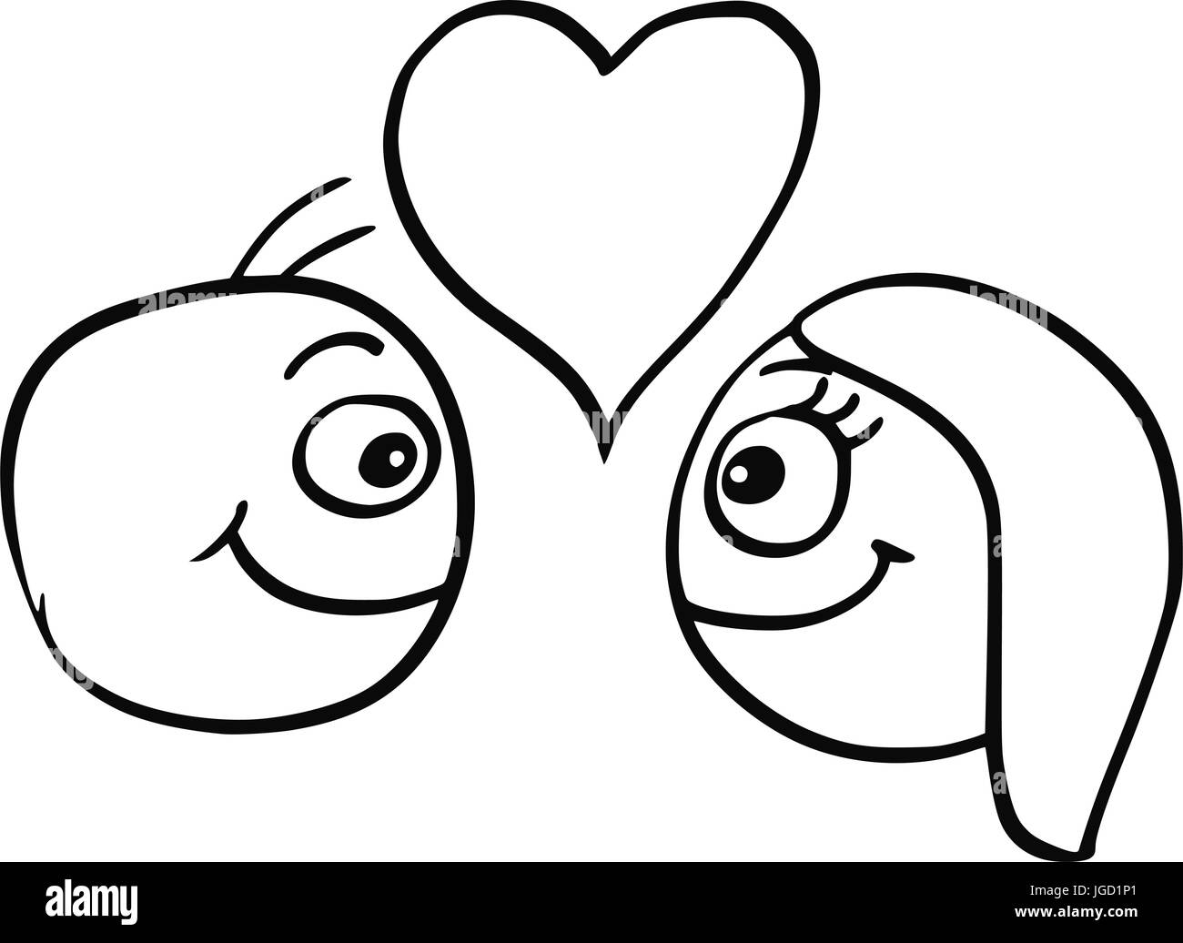 Cartoon-Vektor von Mann und Frau in Liebe Lächeln einander mit großen Herzsymbol Stock Vektor