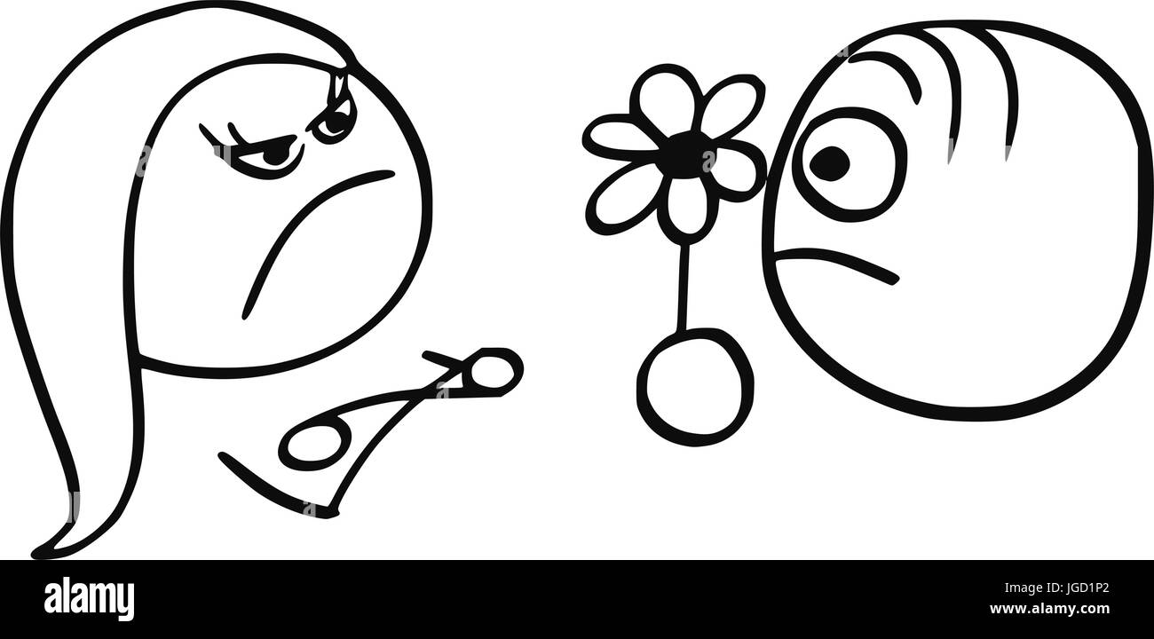 Cartoon-Vektor von Mann und Frau am Tag. Mann mit Blume und Böse beleidigt Frau mit verschränkten Armen Stock Vektor