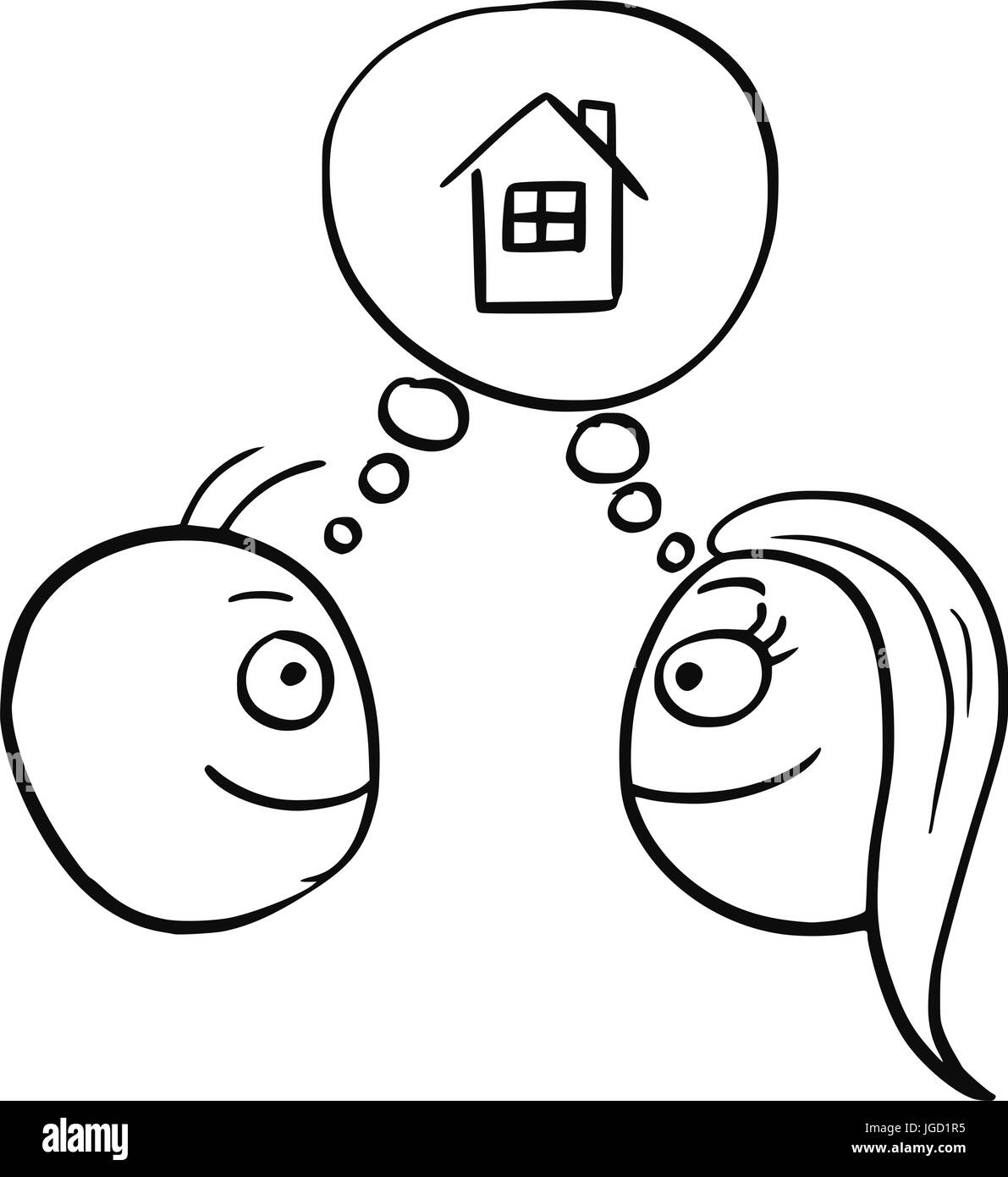 Cartoon-Grafiken von Mann und Frau denken, planen gemeinsam zu leben, bauen, kaufen oder mieten ein Einfamilienhauses Stock Vektor