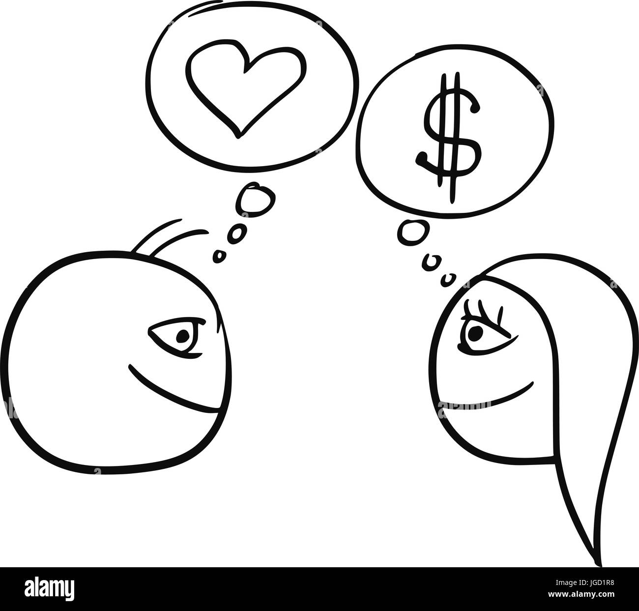 Cartoon-Vektor der Unterschied zwischen Mann und Frau Beziehung - Geld Dollarzeichen und Herz-Symbol der Liebe denken Stock Vektor
