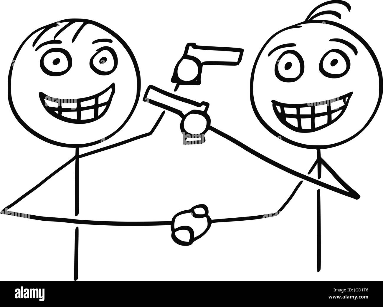 Cartoon-Vektor der beiden Männer Politiker Unternehmer Lächeln auf den Lippen und schütteln ihre Hände und Waffen aufeinander in der gleichen Zeit zeigen. Stock Vektor