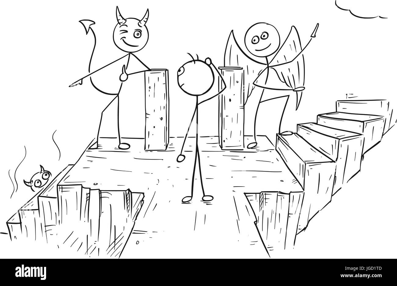 Cartoon-Grafiken von Engel und Teufel auf Kreuzung zeigt ein Mann zwei Möglichkeiten zu entscheiden, zwischen Himmel und Hölle Stock Vektor