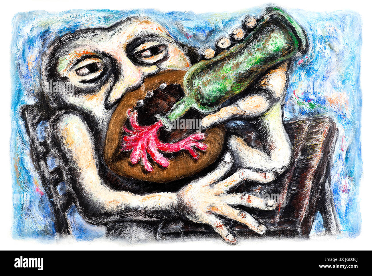 Illustration von alkoholischen Mann trinken Rotwein. Stockfoto