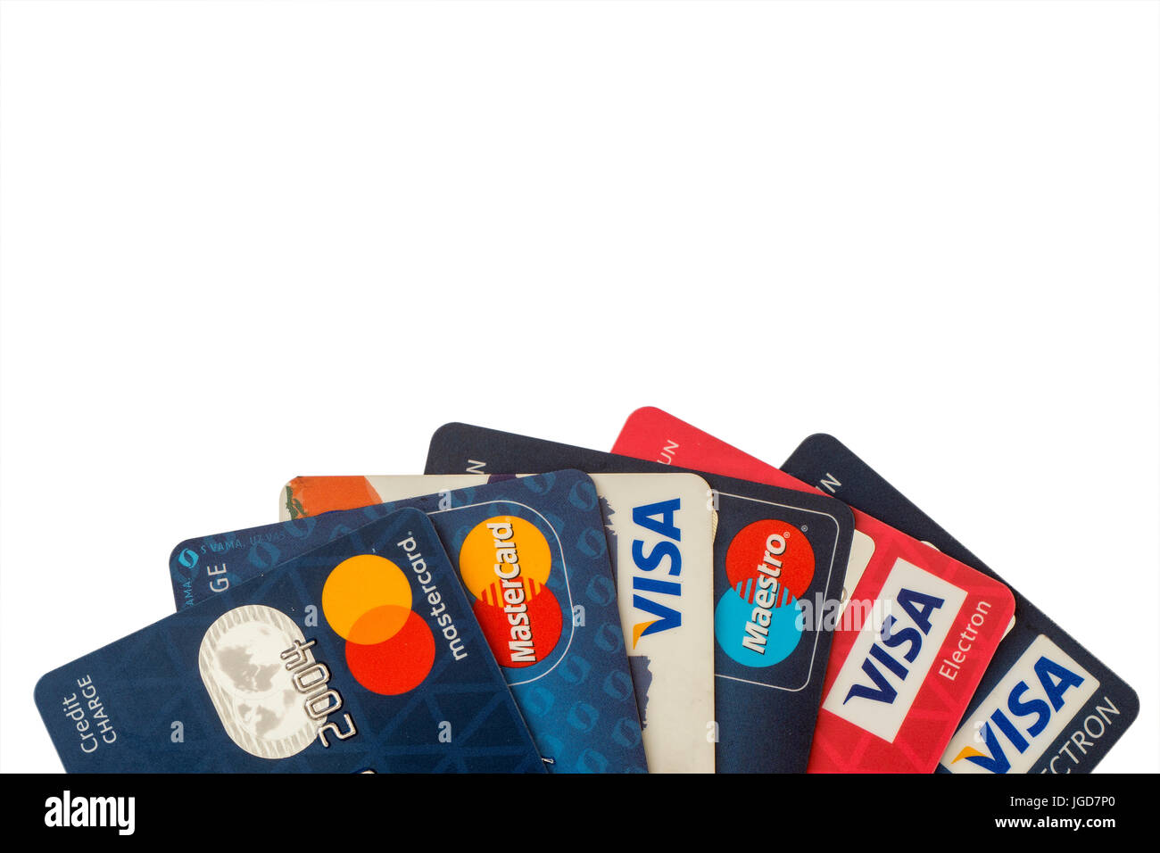 Sarajevo, Bosnien und Herzegowina - 25. Juni 2017: Closeup Haufen von Kreditkarten, Visa und MasterCard, Kredit, Debit und Elektronik. Isoliert auf weiß ba Stockfoto