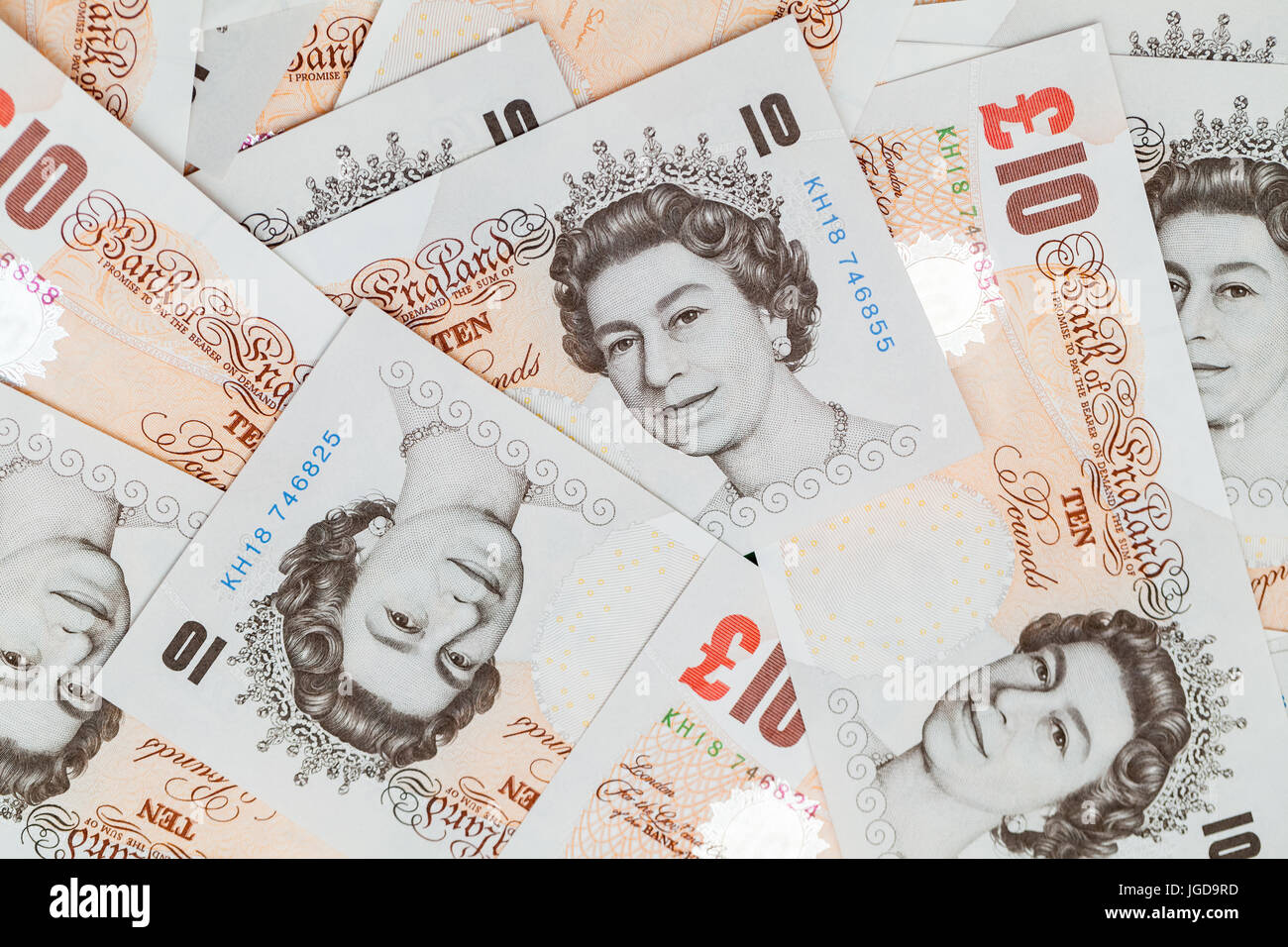 Zehn Pfund Noten der Bank von England Gruppe. Hintergrundfoto Stockfoto