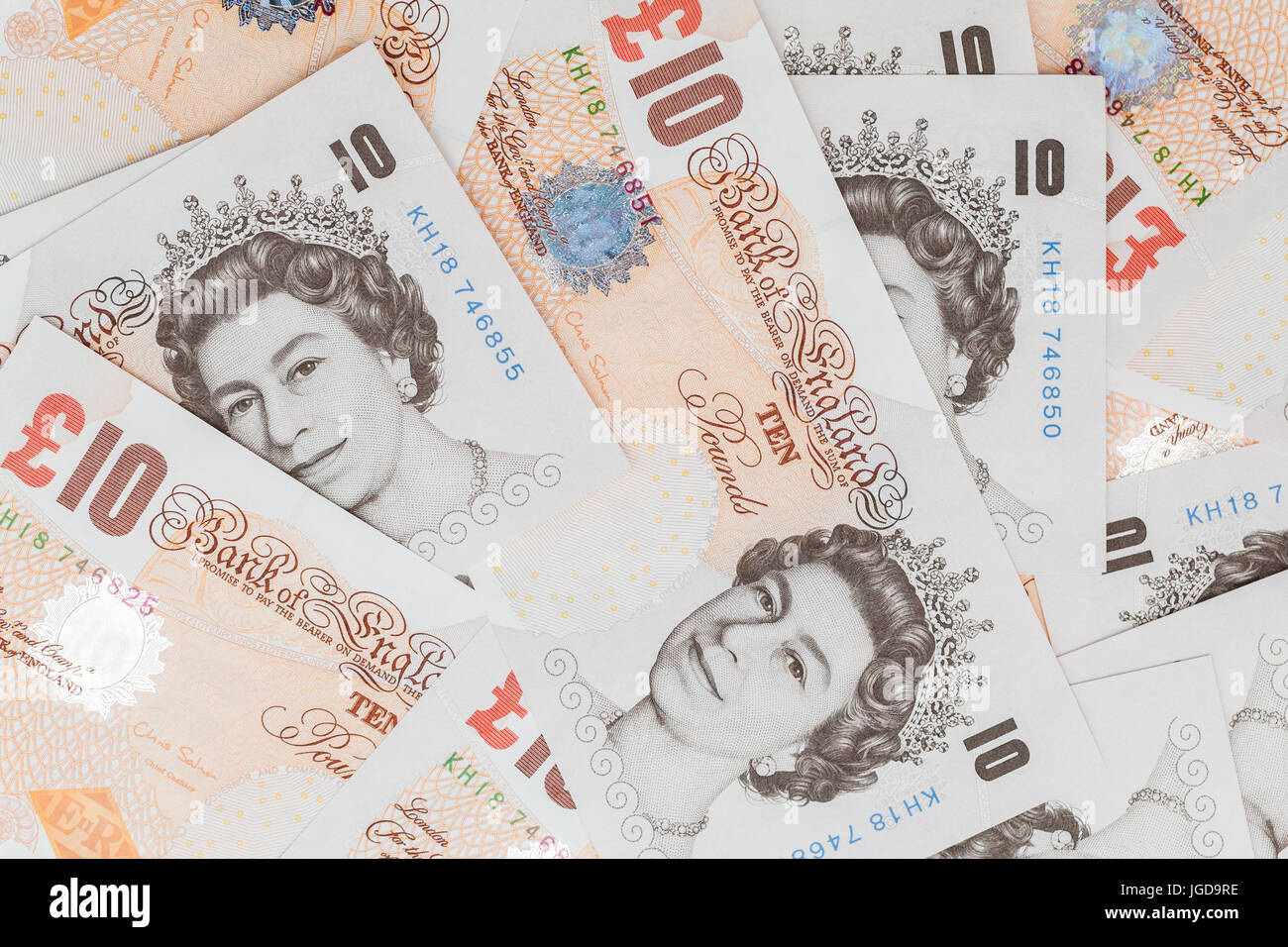 Zehn Pfund-Noten der Bank von England. Hintergrundfoto Stockfoto