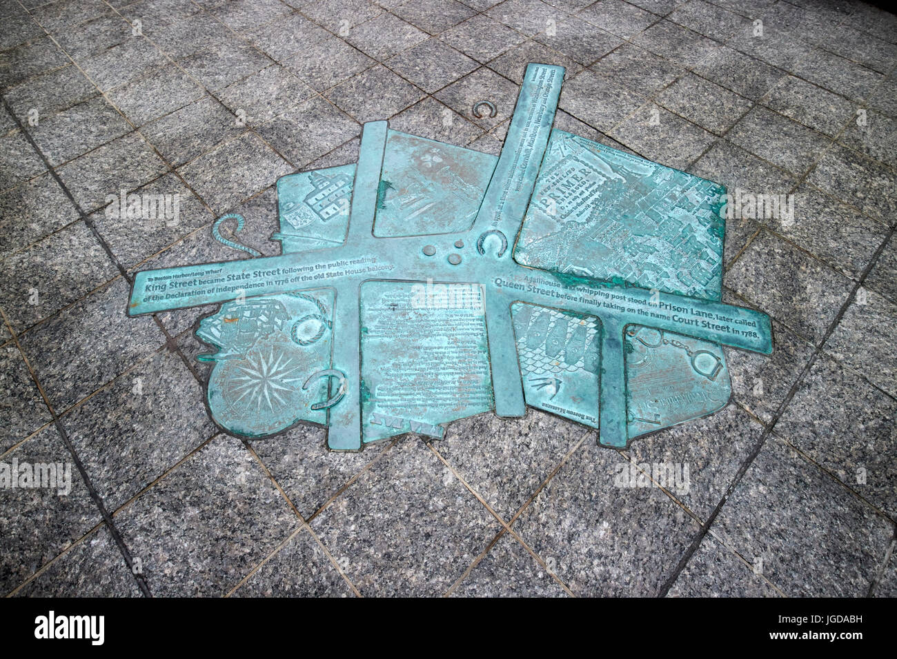 Metallplakette auf Bürgersteig auf staatliche Straße Boston zeigt die Pre-Declaration of Independence Colonnial Straßennamen USA Stockfoto