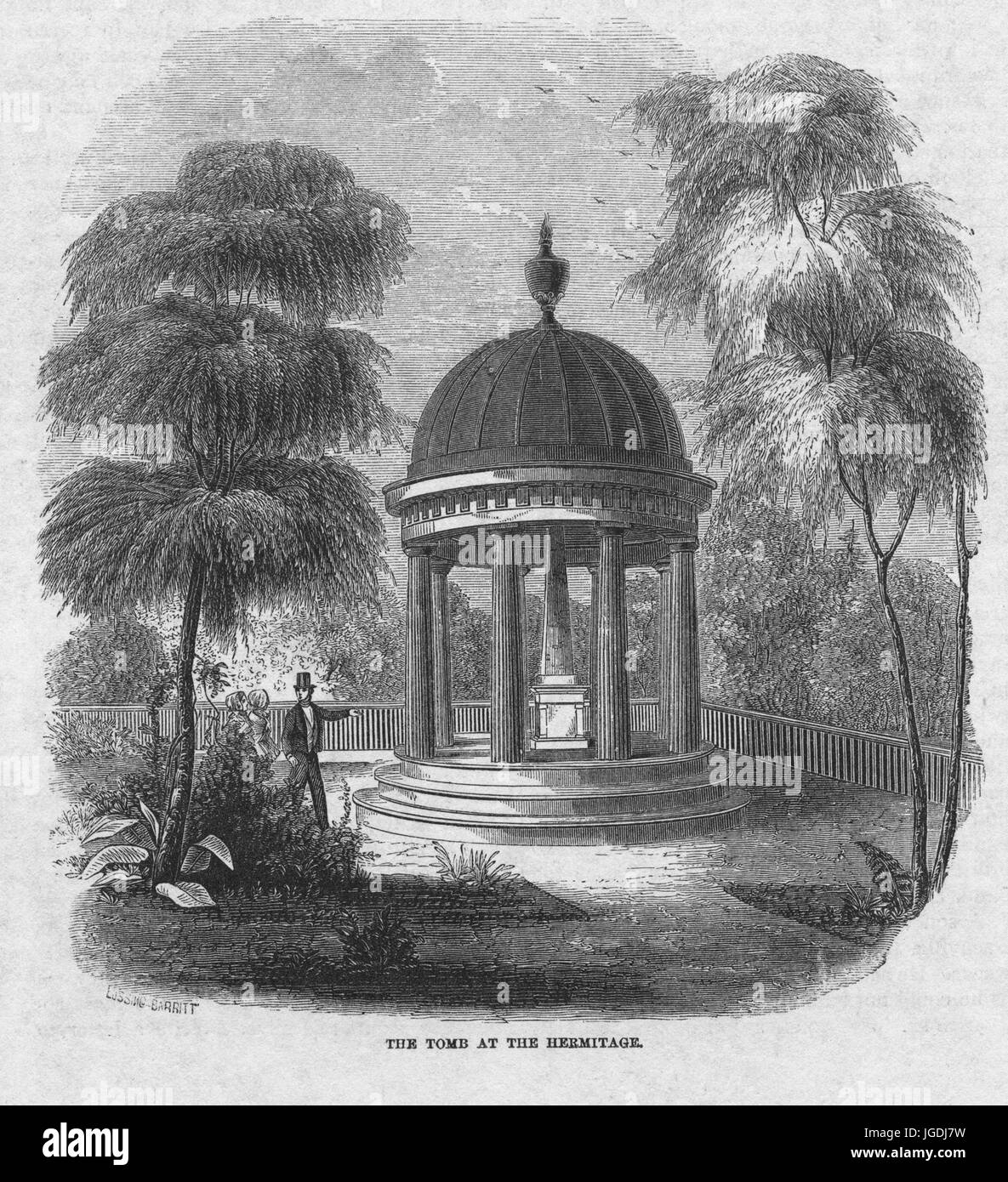 Gravur des Grabes von Andrew Jackson, der 7. Präsident der Vereinigten Staaten, auf seiner Plantage, bekannt als The Hermitage in Nashville, Tennessee, 1843. Von der New York Public Library. Stockfoto