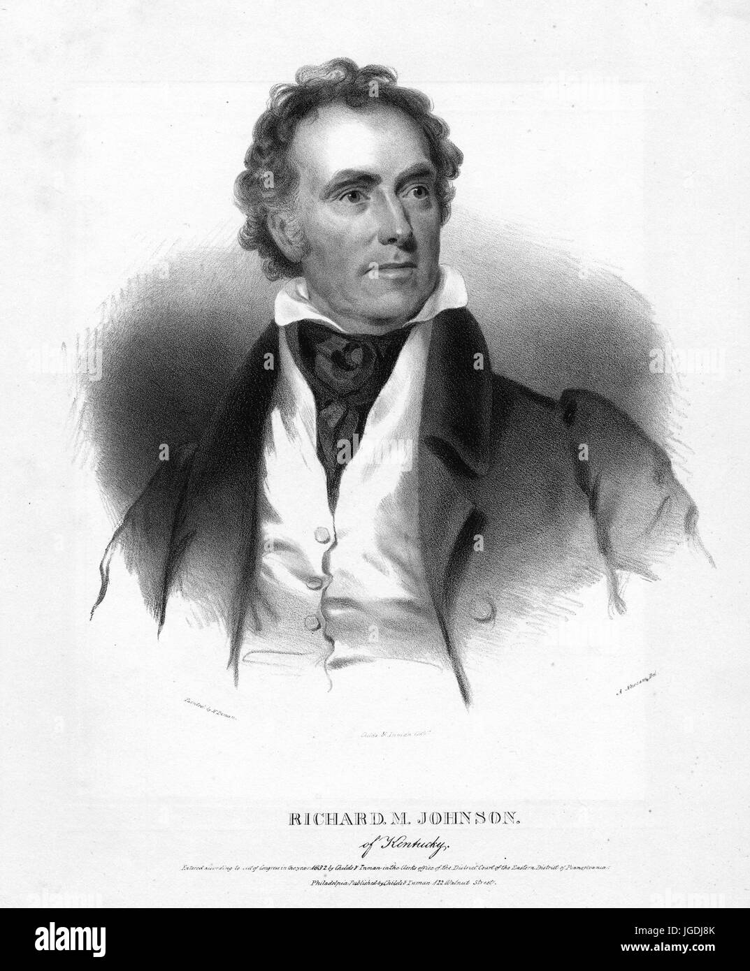 Gravierte Portrait von Richard Mentor Johnson, der 9. Vizepräsident der Vereinigten Staaten und die einzige, die durch den Senat, Kentucky, 1843 in das Amt gewählt. Von der New York Public Library. Stockfoto